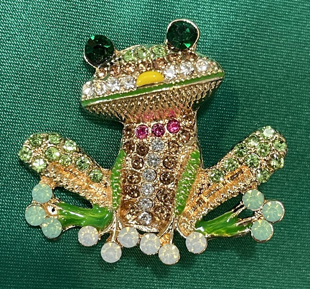 NWOT Multicolor Frog Toad Brooch Lapel Pin Enamel Rhinestone Crystal Green Cute